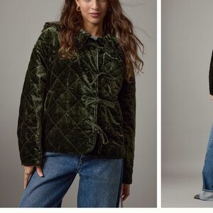 NWT Anthropologie Maeve Quilted Velvet Tie-Front Puffer Jacket - Dark Green